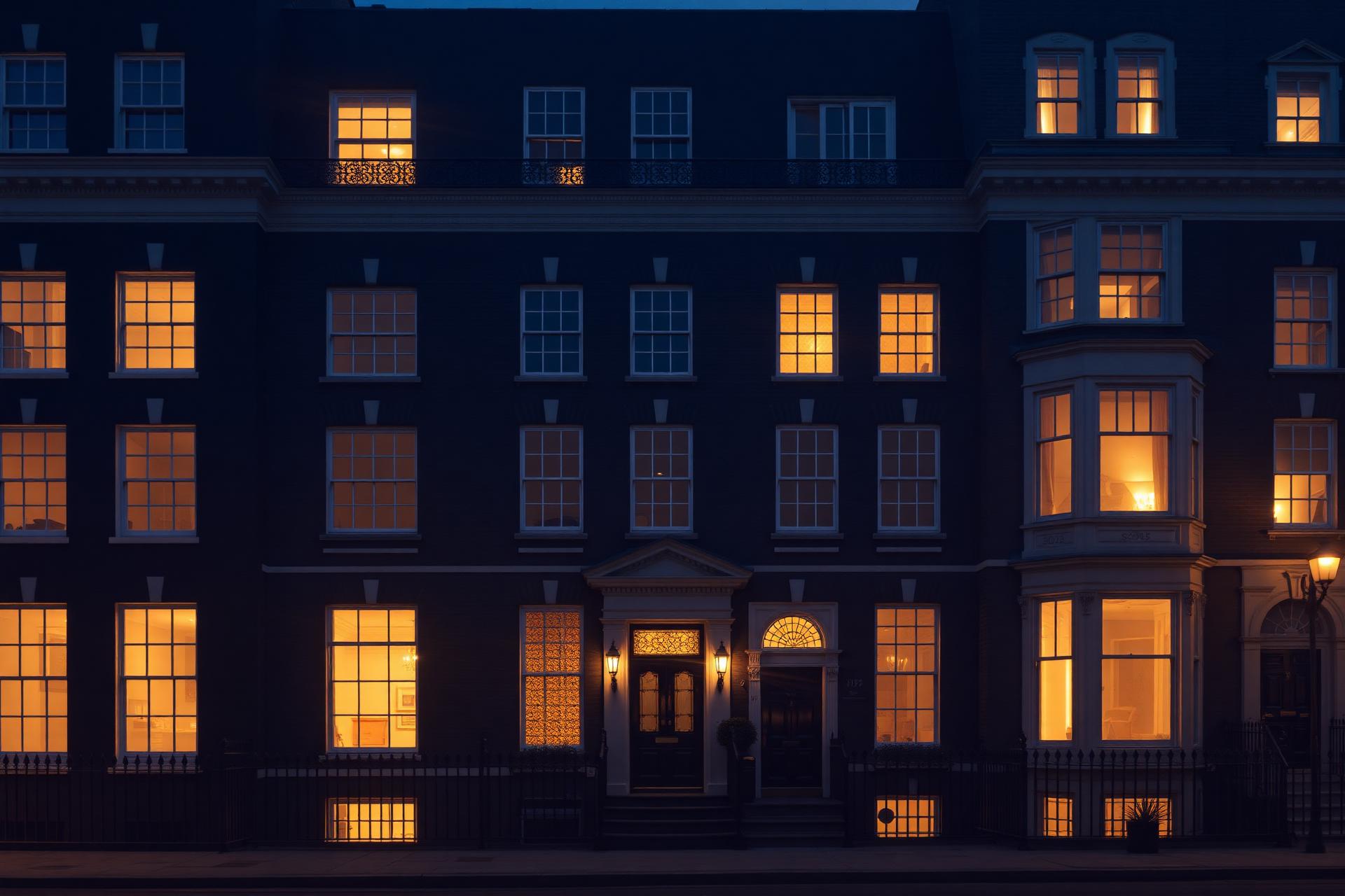 Luxury London townhouse facade at dusk